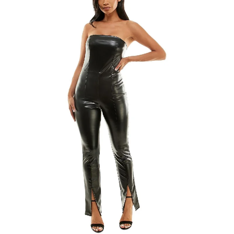 Chic Women's Clothing for Date Nights Bebe Womens Juniors Faux Leather Strapless Jumpsuit