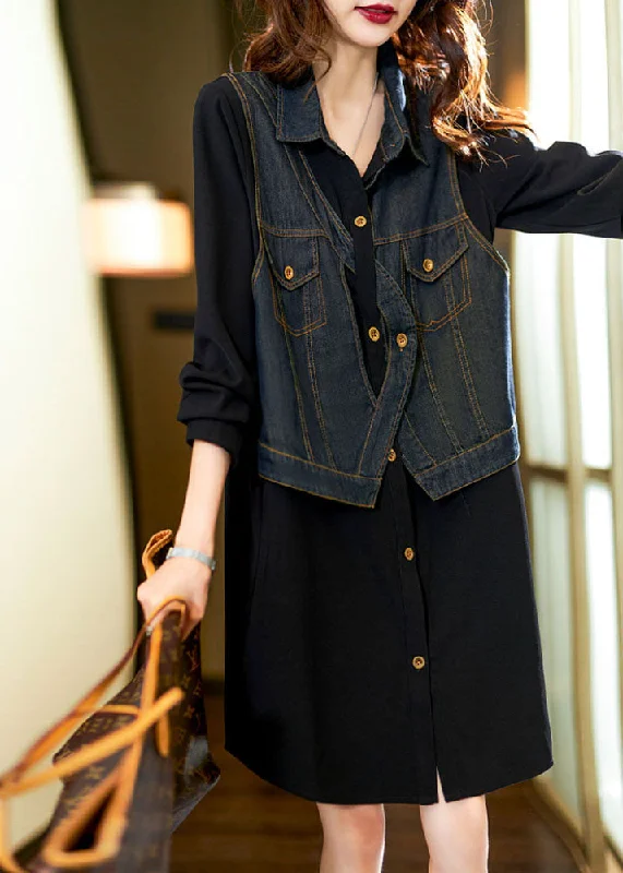 Sophisticated Women's Fashion Vintage Black Square Collar Denim Patchwork Fake Two Pieces Mid Dress Long Sleeve