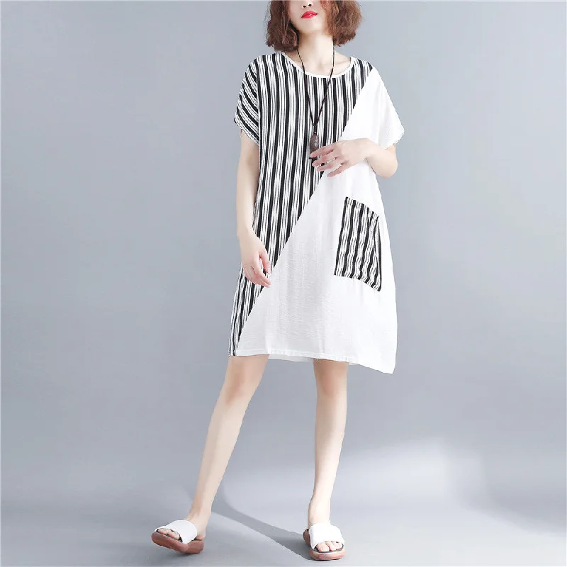 Trendy Street Style Clothing stylish white natural cotton dress oversize maxi dress women short sleeve patchwork O neck dress