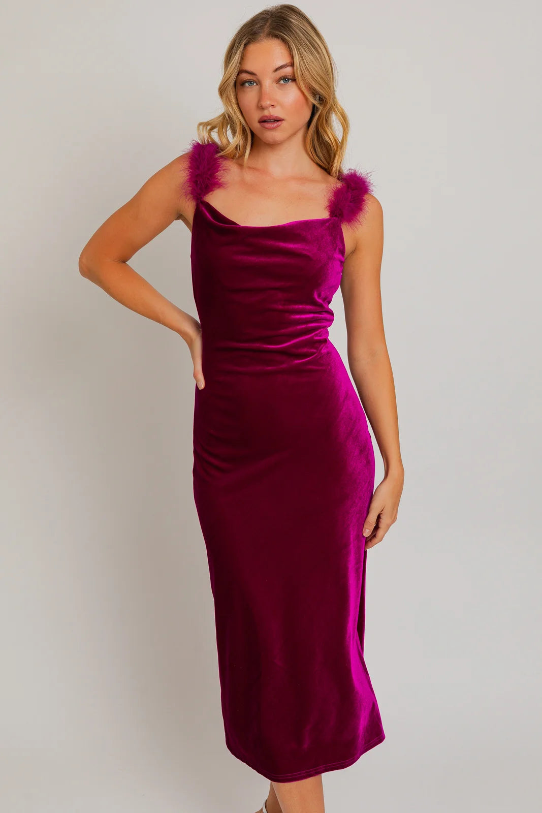 Clearance Sale, All Cheap Velvet Feather Shoulder Trim Side Slit Midi Dress