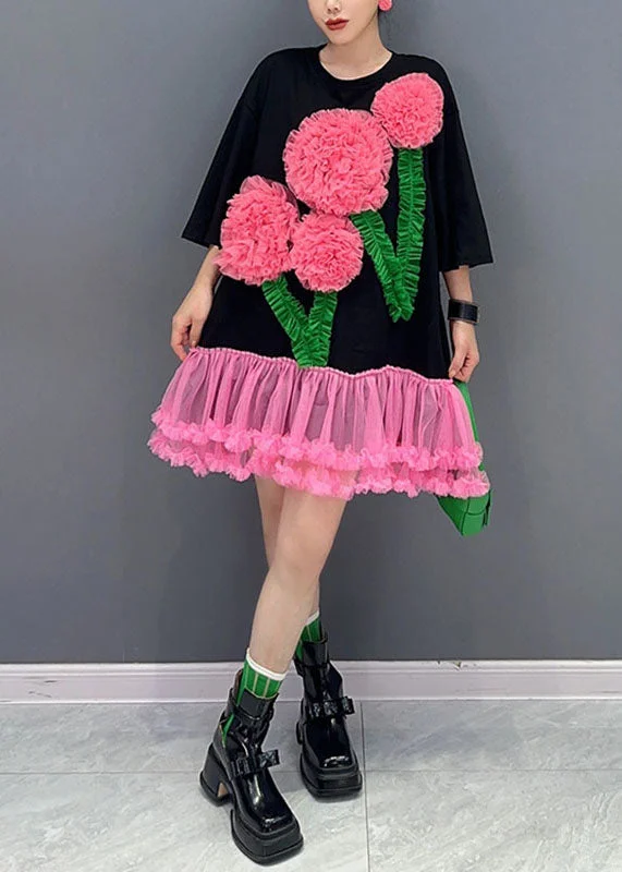 Online Boutiques Affordable Italian Black O-Neck Floral Tulle Patchwork Mid T Shirts Dress Long Sleeve