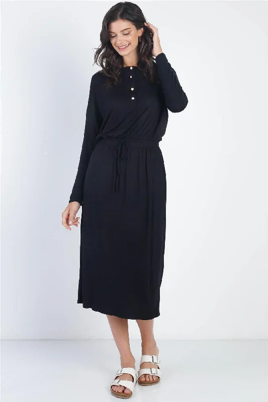 Gift Ideas Black Button Up Neck Detail Fitted Waist Midi Dress /1-1-1