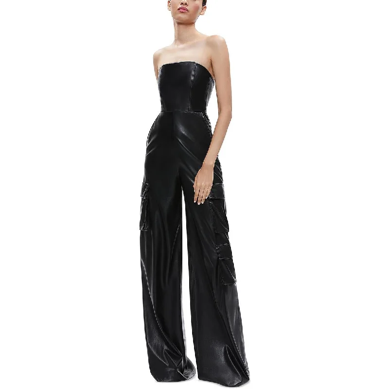 Cutting Edge Fashion Alice and Olivia Womens Emelda Faux Leather Cargo Jumpsuit