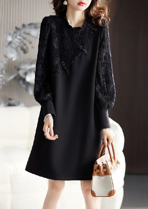 Season Sale DIY Black Ruffled Lace Patchwork Mid Dresses Long Sleeve