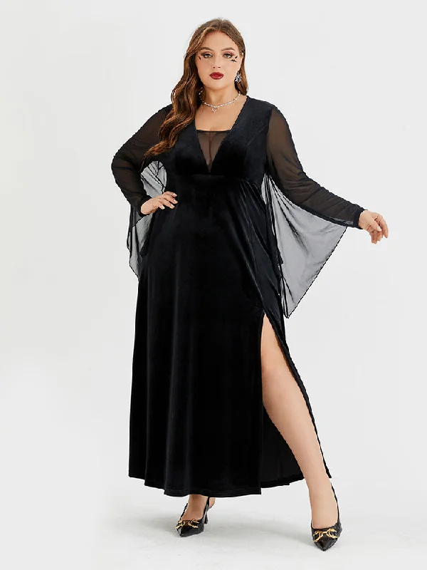 Clothing Woman Halloween Contrast Mesh Batwing Sleeve Velvet Split Maxi Dress