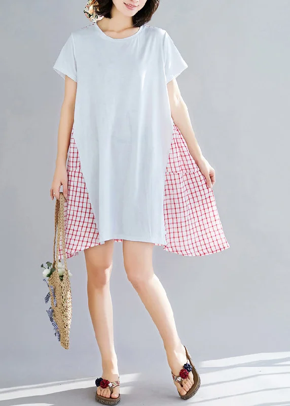 Casual Chic for Women Bohemian red Plaid Cotton clothes Women large hem Dresses Summer Dress