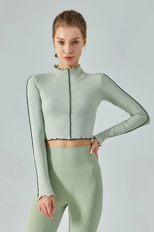 Women's High Street Fashion Ribbed Long Sleeve Contrast Lettuce Edge Crop Top