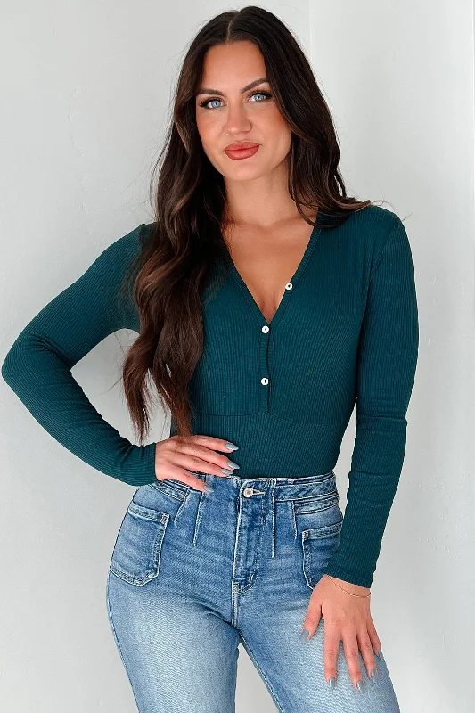 Online Clothing Stores Smile Often Button Front Long Sleeve Bodysuit (Hunter Green)