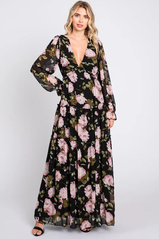 Chic Outfits Black Floral Chiffon V-Neck Lettuce Edge Tiered Maxi Dress