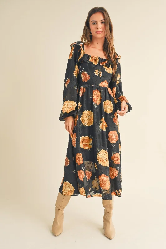 Clothing Store Black Floral Jacquard Chiffon Balloon Sleeve Midi Dress