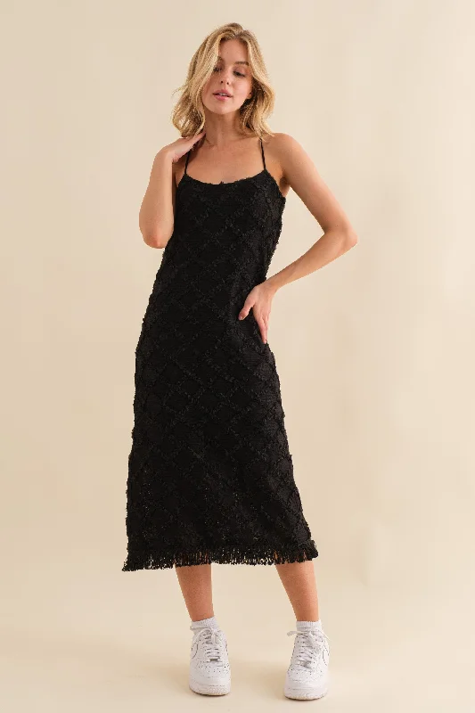 Timeless Elegance Black Fringe Mesh Midi Dress