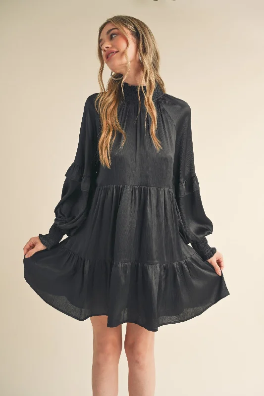 Clearance Sale, All Cheap Black Mock Neck Tiered Mini Dress