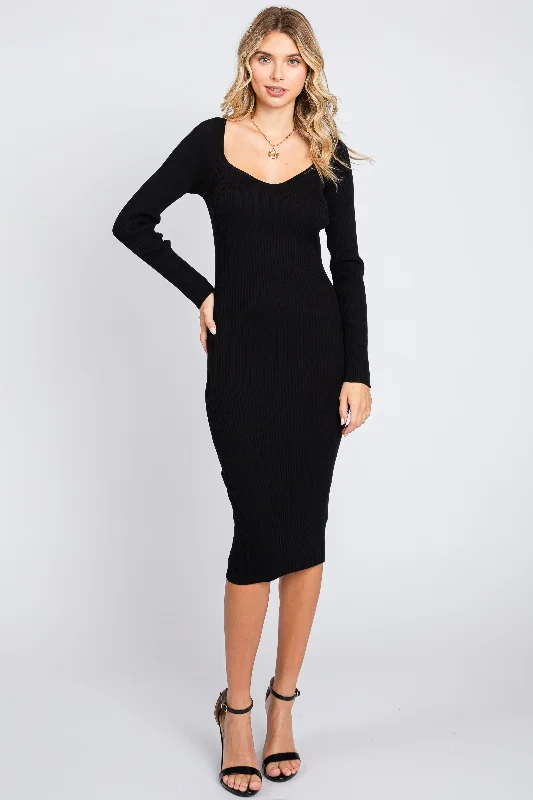 Effortless Style, Endless Impact Black Ribbed Knit Fitted Long Sleeve Dress