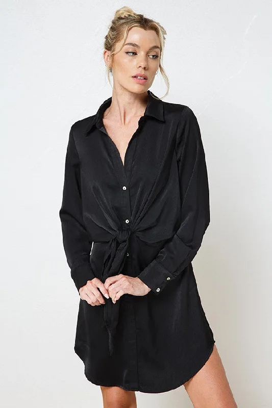 Designer Women's Fashion Online Black Satin Front Tie Shirt Dress