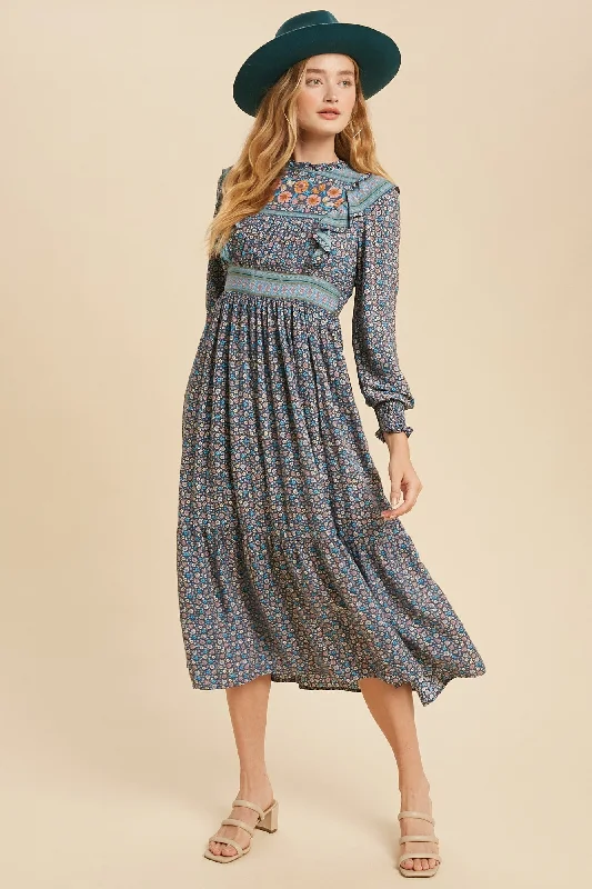 Big Savings Blue Floral Boho Floral Print Ruffle Midi