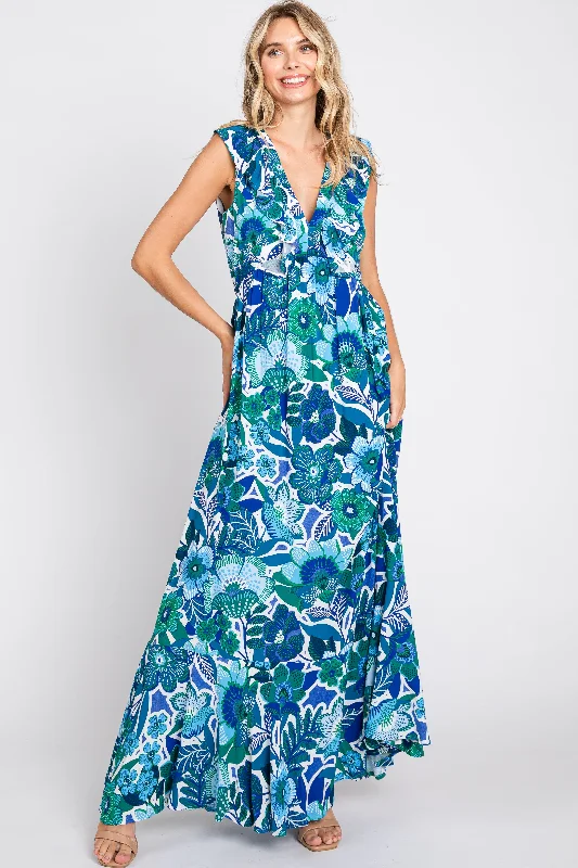 Women's Clothing for Every Season and Trend Blue Floral Ruffle Accent Sleeveless Maxi Dress