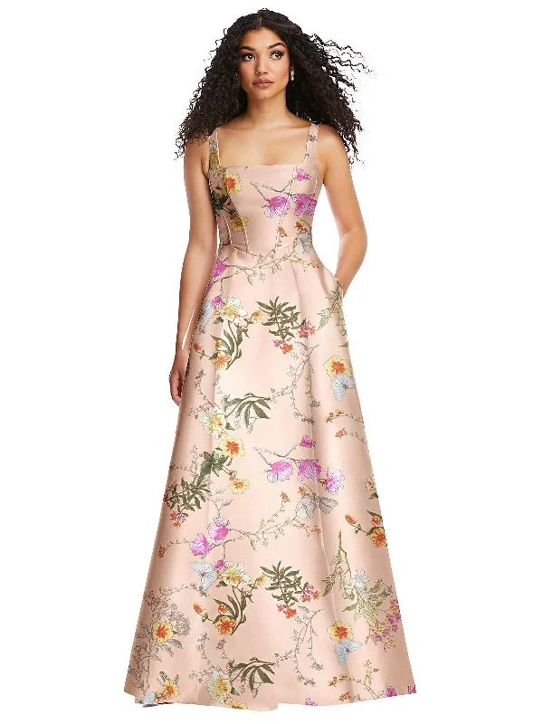 Women's Clothing Brands Boned Corset Closed-Back Floral Satin Gown with Full Skirt