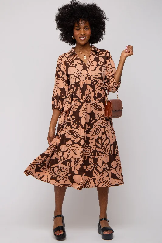 Fashion Forward Outfits Brown Floral Collared Tiered Midi Dress