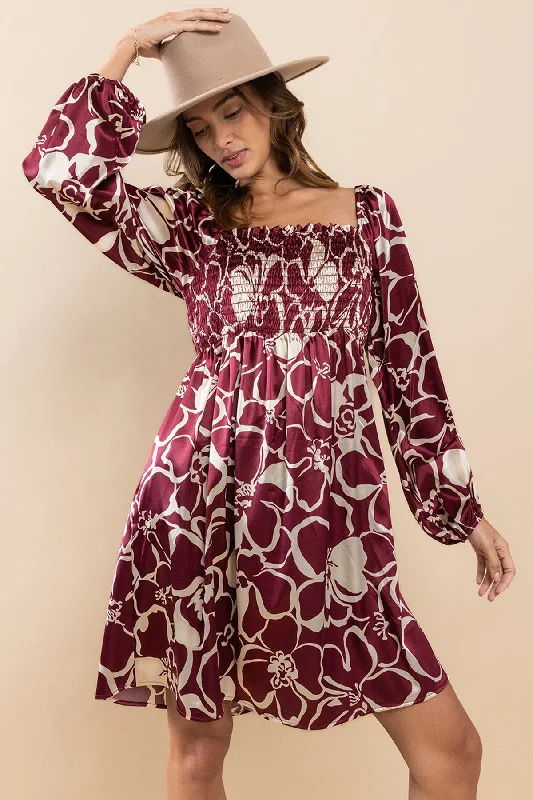 Sporty Streetwear Burgundy Floral Satin Long Sleeve Dress