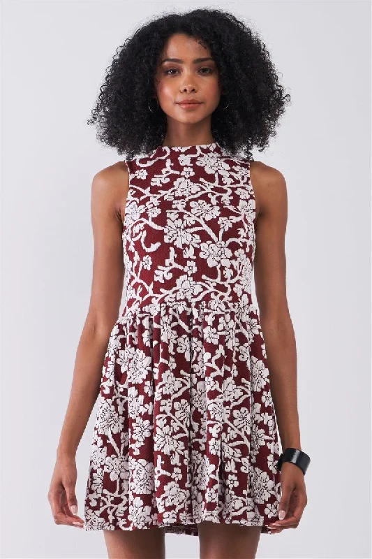 Affordable Women's Fashion Burgundy & White Floral Crew Neck Sleeveless Fitted Mini Dress