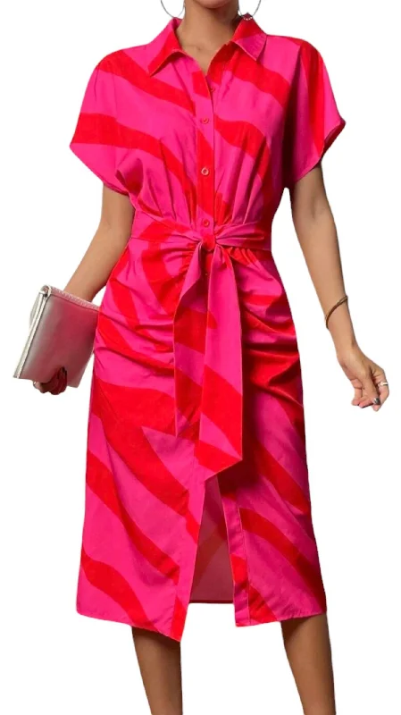 Elegant Clothing Button Down Knit Midi Dress With Tie In Pink