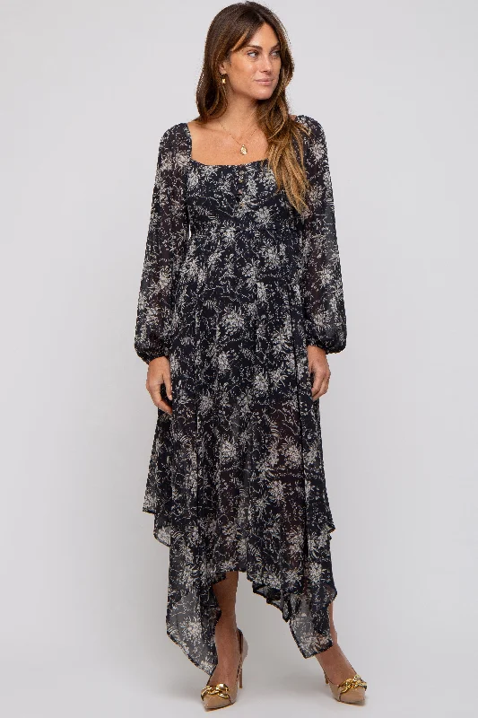 Relaxed Style Charcoal Floral Chiffon Square Neck Button Front Midi Dress