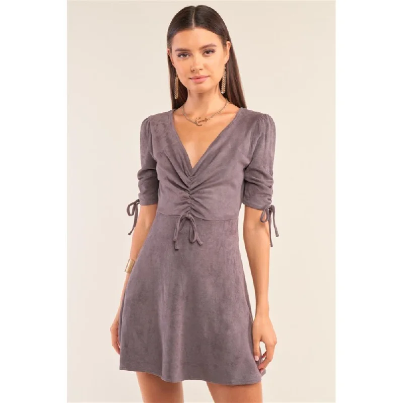 Casual Style for Busy Women Charcoal Grey Suede Deep Plunge V-neck Gathered Detail Tight Fit Mini Dress