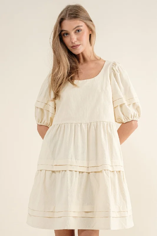 Fashionable Casual Tops Cream Textured Micro Corduroy Midi Dress