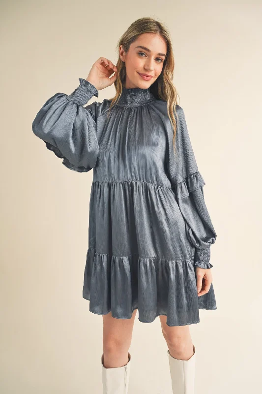 Women's Clothes Dusty Denim Blue Mock Neck Tiered Mini Dress