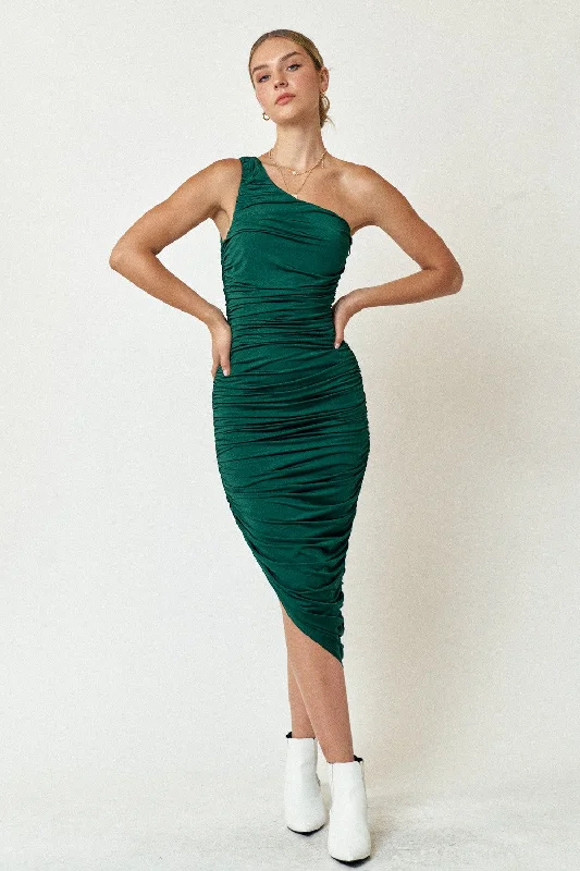 Vibrant Styles Forest Green Ruched Asymmetrical Maxi Dress