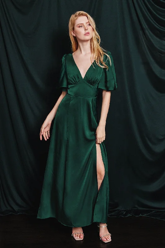 Laid-Back Elegance Hunter Green Satin Flutter Sleeve Plunging Maxi Dress