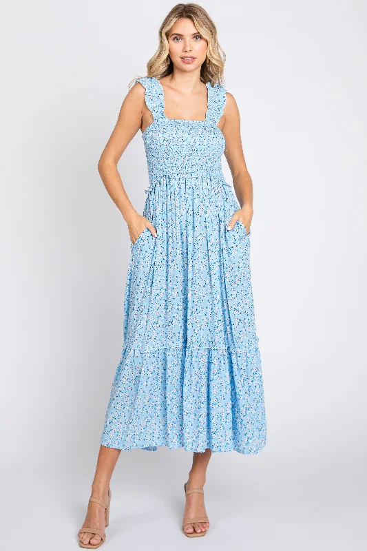 Boutique Styles Light Blue Floral Sleeveless Smocked Ruffle Midi Dress