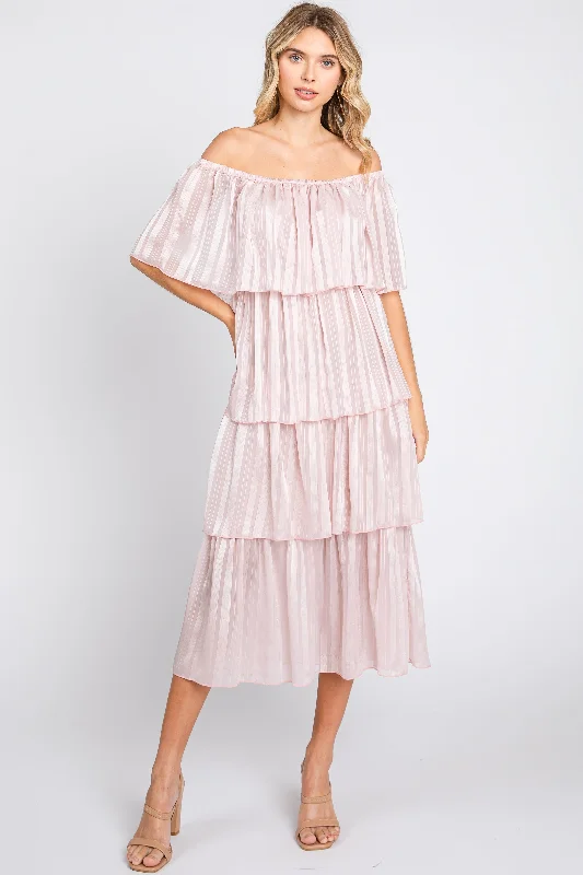 Fashion Forward Femininity Light Pink Striped Layered Midi Dress