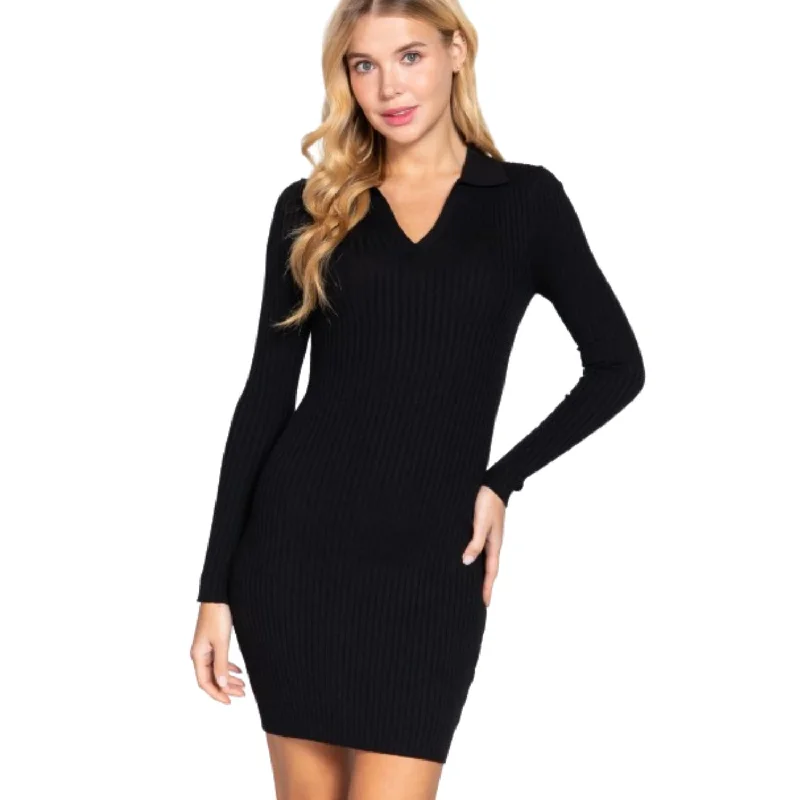 Quality Wear Long Sleeve V-neck Sweater Rib Mini Dress