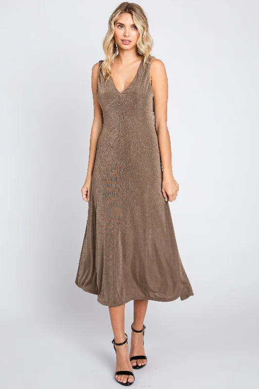 Casual Chic Mocha A-Line Draped Back Midi Dress