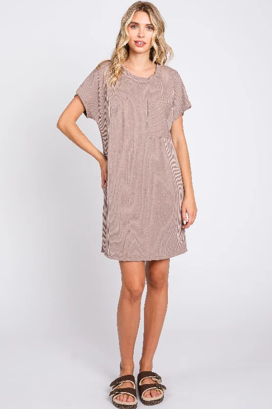 Best Sellers Mocha Ribbed Front Pocket Dolman Short Sleeve Dress