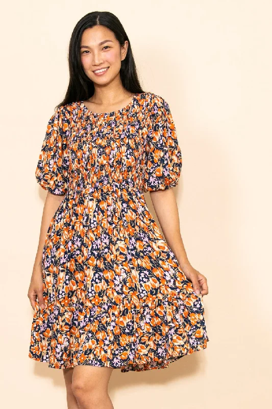 Sophisticated Outfits Navy Floral Smocked Puff Sleeve Dress