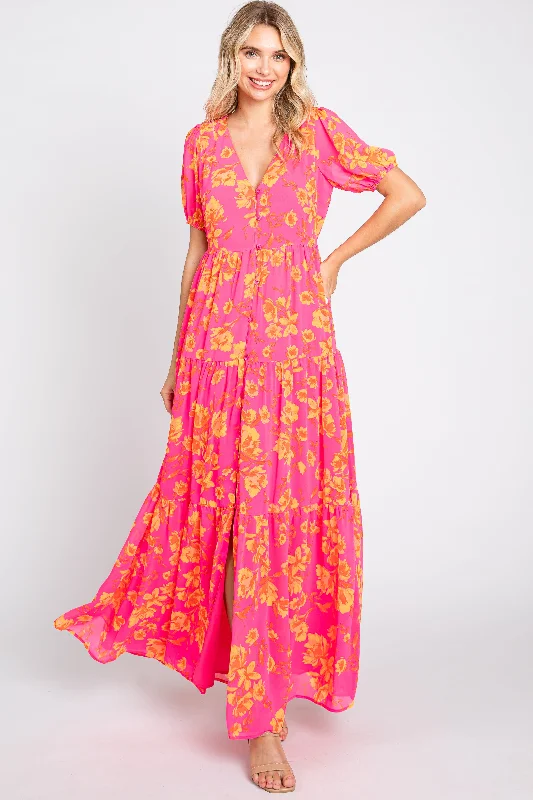 Clothing Sales Neon Pink Floral Front Button Tiered Maxi Dress