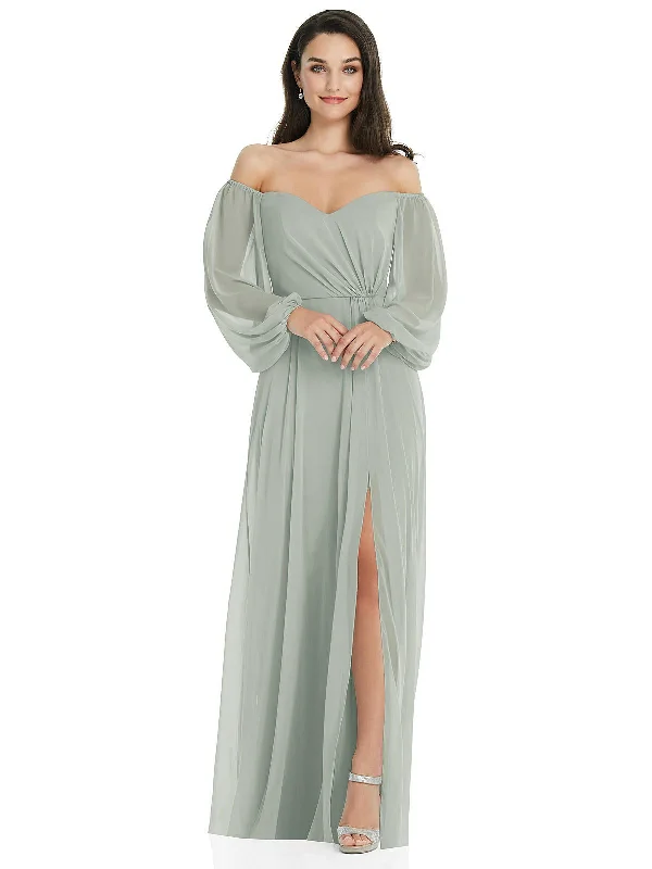 Clothes Women Off-the-Shoulder Puff Sleeve Maxi Dress with Front Slit