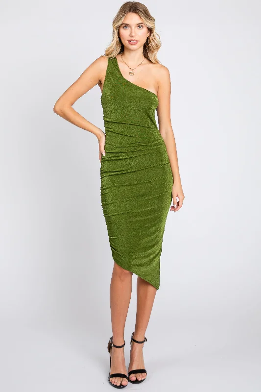 Wardrobe Essentials Olive One Shoulder Asymmetrical Hem Midi Dress