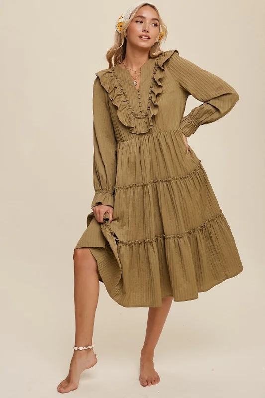 Redefining Women's Fashion Olive Ruffle Detail Tiered Long Sleeve Midi Dress