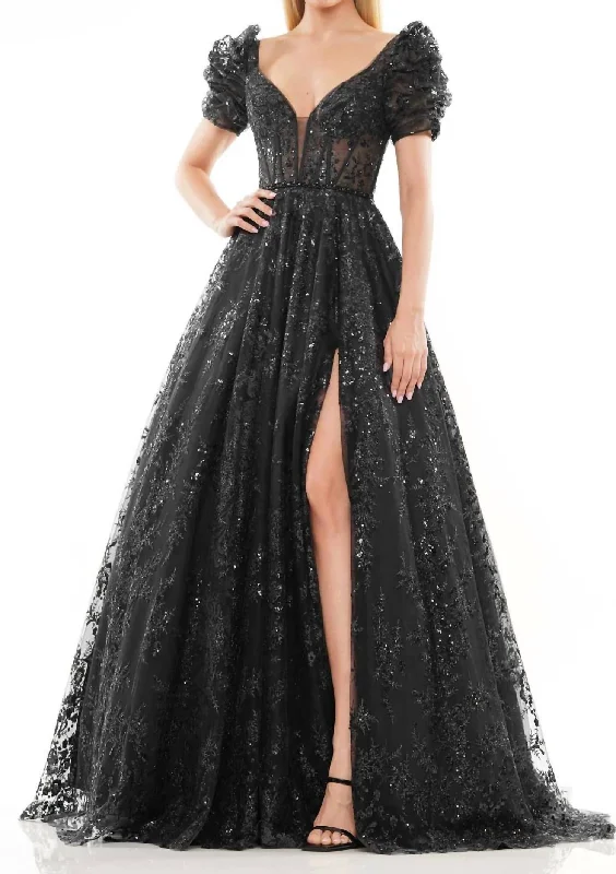 Holiday Discount Plunging Neckline A-Line Gown In Black