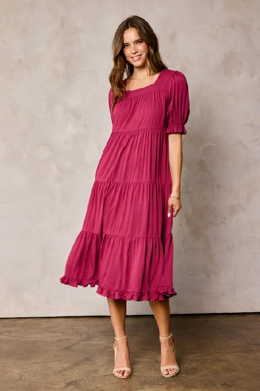 Stylish Basics Red Tiered Ruffle Hem Midi Dress