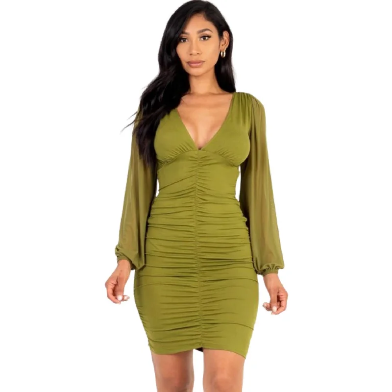 Women's Seasonal Fashion Trends Ruched mesh long sleeve v-neck mini dress