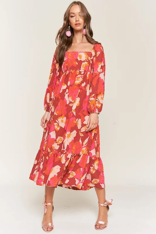 Chic Trend Collection Rust Floral Square Neck Long Sleeve Midi Dress