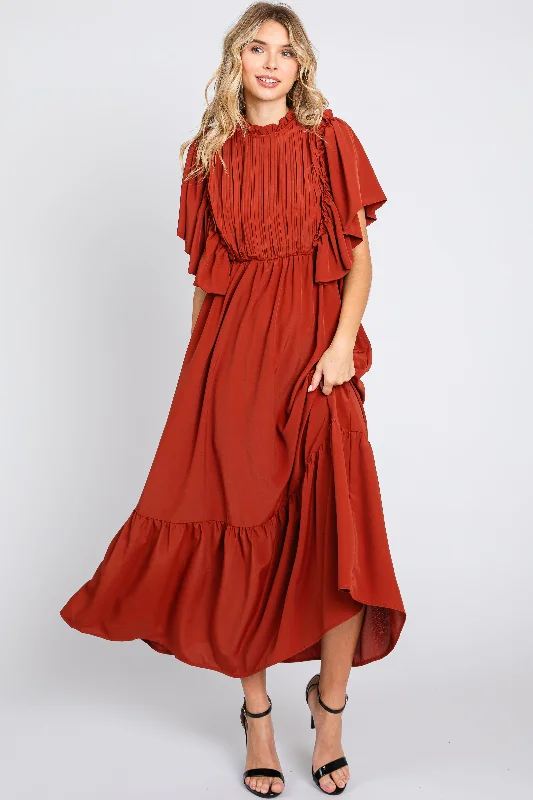 Trend Setting Wardrobe Rust Ruffle Pleated Maxi Dress