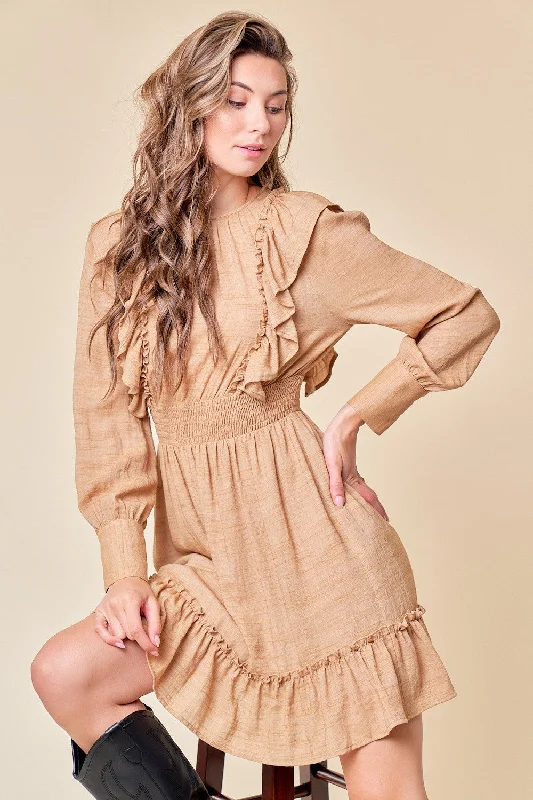 Versatile Women's Clothing for All Occasions Sand Ruffle Woven Dress