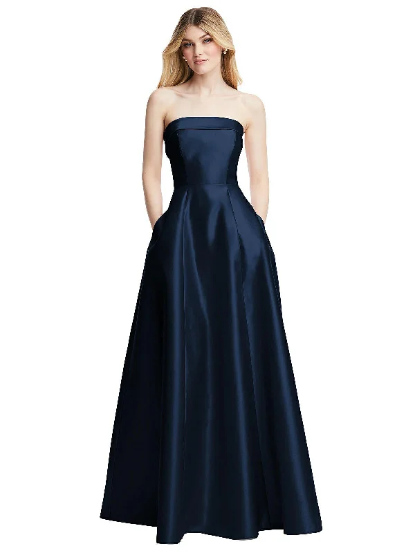 Clothes Woman Strapless Bias Cuff Bodice Satin Gown with Pockets