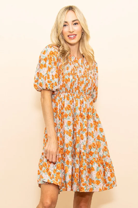 Sporty Streetwear Taupe Floral Smocked Puff Sleeve Dress