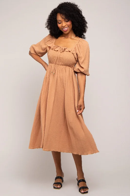 Limited Stock, Big Discounts Taupe Gauze Smocked Midi Dress